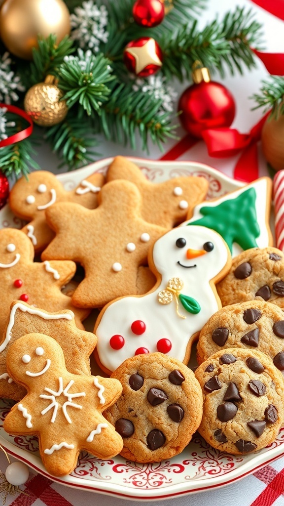 Festive Christmas Cookies and Treats Recipe A colorful assortment of Christmas cookies including gingerbread, sugar cookies, and chocolate chip cookies on a festive plate.